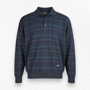 80s Vintage Paul & Shark Yachting Navy Green Tartan Wool Rugby Sweater Size XL